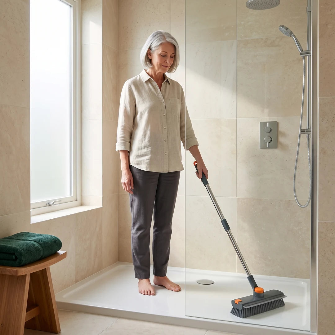 Femme senior debout, dos droit, nettoyant le bac de sa douche avec la brosse NETTARIA