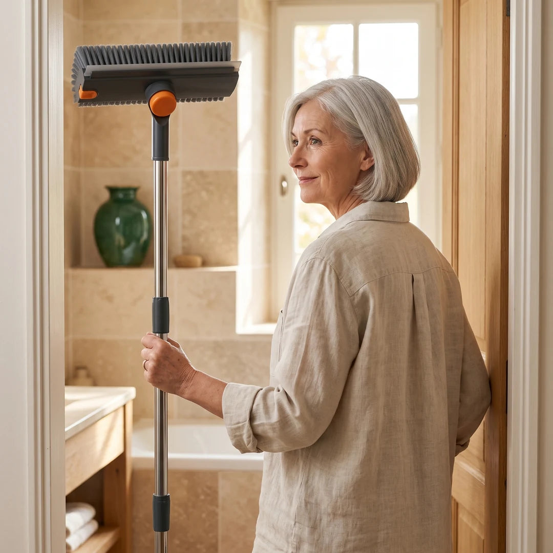 Femme senior tenant la brosse NETTARIA, regardant sa salle de bain qu'elle vient de nettoyer seule