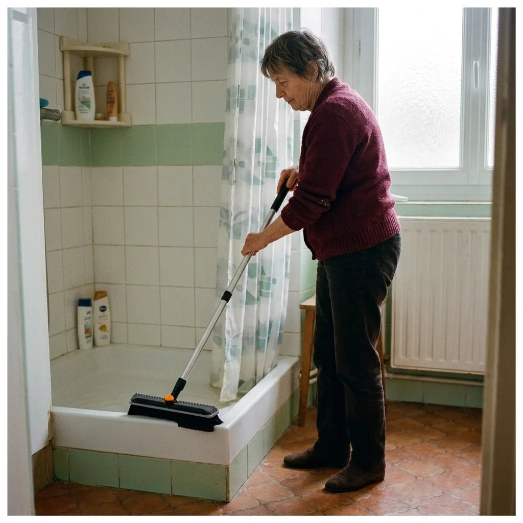 Une personne nettoie sa baignoire debout avec la brosse NETTARIA.